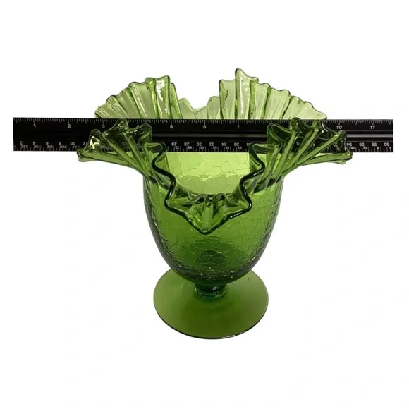 Blenko 388 Green Crackle Art Glass Vase Handcrafted Crimped Ruffled Edge Vintage - Picture 15 of 16